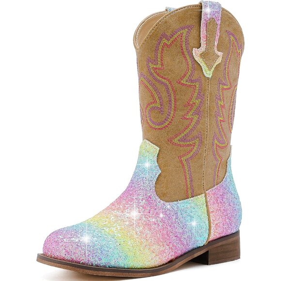 Unisex Child Shiny Rainbow Mid Calf Glitter Toddler Cowboy Boot Little Big Kids - Picture 1 of 8